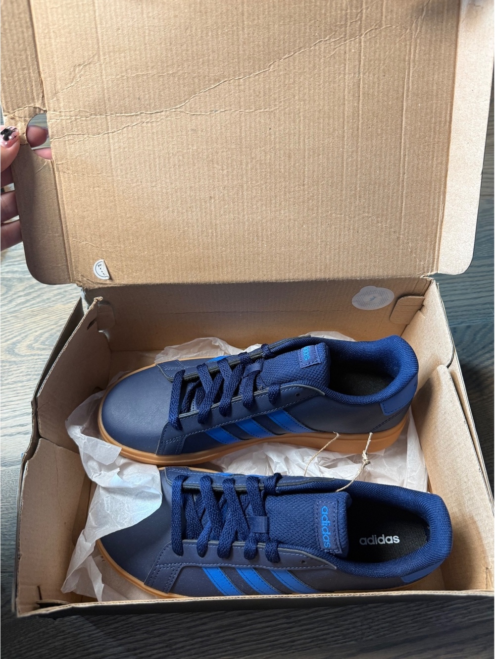 NWT Adidas Navy Blue and Blue Striped Sneakers with Gum Sole, Size 5.5 - Picture 5 of 12